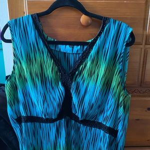 Belissimo, 1X, women’s blouse. Sleeveless, black trim, turquoise and green